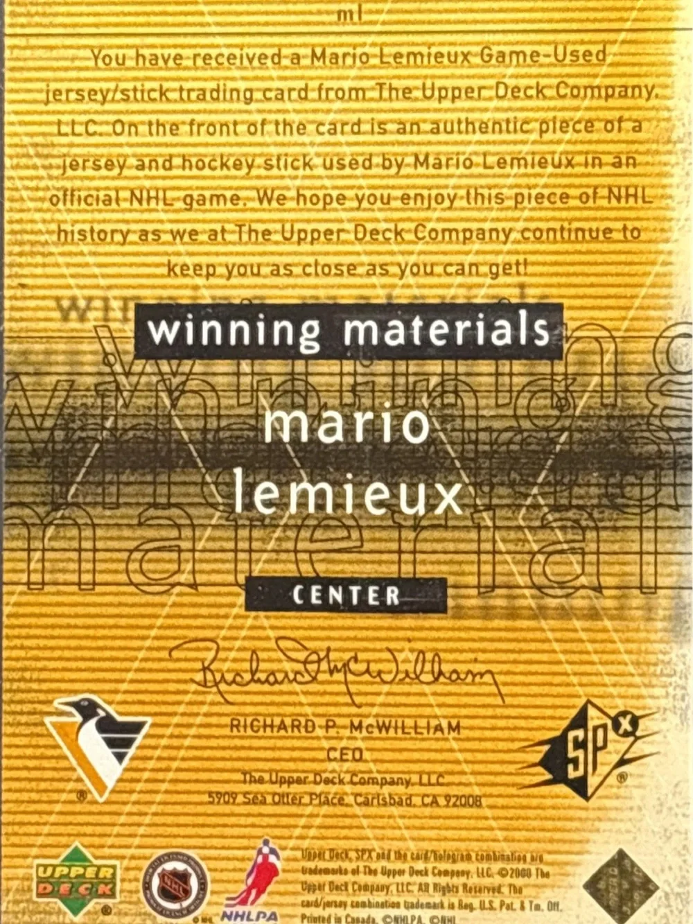 SP Authentic Penguins Mario Lemieux Game used Memorabilia